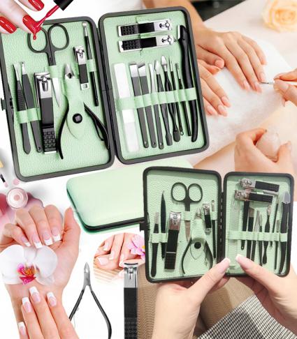 ZESTAWDOMANICURE18W1ZIELONYELEGANCKIPRZENOŚNYOBCINACZNOŻYCZKISKÓRA