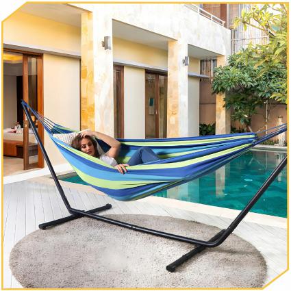 HAMAKOGRODOWYZESTELAŻEMDWUOSOBOWYSTOJAKDOHAMAKASTALOWY+POKROWIECKolorniebieski