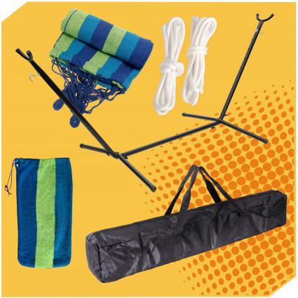 HAMAKOGRODOWYZESTELAŻEMDWUOSOBOWYSTOJAKDOHAMAKASTALOWY+POKROWIECCechydodatkowepokrowiecwzestawiezestawmontażowy