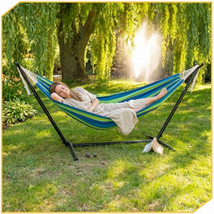 HAMAKOGRODOWYZESTELAŻEMDWUOSOBOWYSTOJAKDOHAMAKASTALOWY+POKROWIECModelHAMAKZESTELAŻEMNIEBIESKI