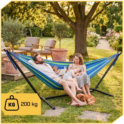 HAMAKOGRODOWYZESTELAŻEMDWUOSOBOWYSTOJAKDOHAMAKASTALOWY+POKROWIECDługośćcałkowita280cm