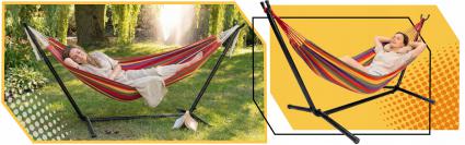 HAMAKOGRODOWYZESTELAŻEMDWUOSOBOWYSTOJAKDOHAMAKASTALOWY+POKROWIECMateriałwykonaniatkanina