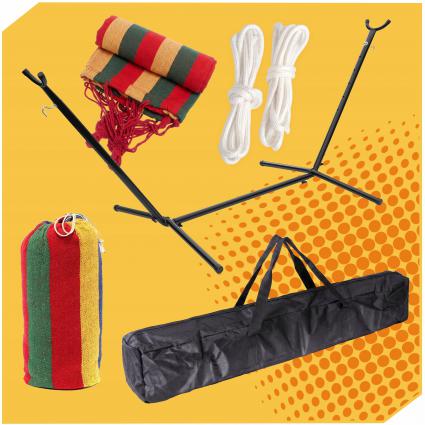 HAMAKOGRODOWYZESTELAŻEMDWUOSOBOWYSTOJAKDOHAMAKASTALOWY+POKROWIECDługośćmateriału200cm