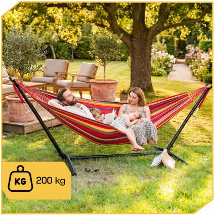 HAMAKOGRODOWYZESTELAŻEMDWUOSOBOWYSTOJAKDOHAMAKASTALOWY+POKROWIECRodzajhamakbezdrążka